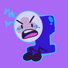 a cartoon character sitting on the floor in front of a purple background with an angry expression