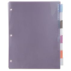 a purple binder with five different colored markers on it's side and the bottom part of the binder is empty