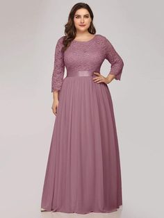 Simple Plus Size Lace Evening Dress with Half Sleeves #color_Purple Orchid Plus Formal Dresses, Plus Size Evening Gown, Lace Evening Dress, Tulle Evening Dress, Plus Size Bridesmaid, Plus Size Formal, Evening Dresses With Sleeves, Evening Dresses Plus Size, Ever Pretty