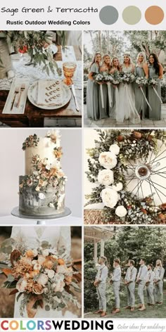 a collage of different wedding photos with flowers and greenery on the top, bottom left