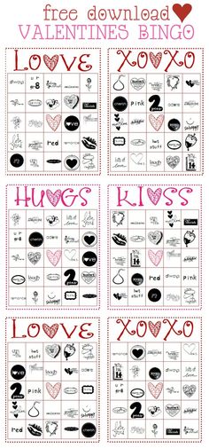 valentine's day printables with the words love and hugs on them, including hearts