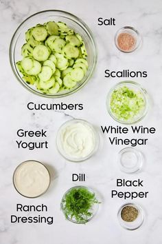 the ingredients to make cucumbers are shown in bowls on a marble countertop