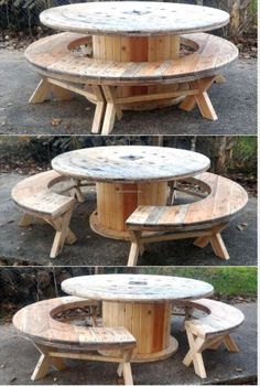 three pictures of different wooden tables and benches