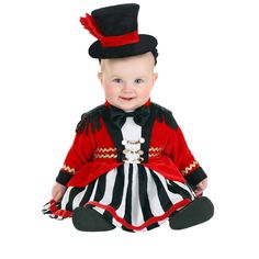 a baby dressed in a red and black outfit with a top hat on it's head