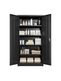 an open medicine cabinet with all the items in it's storage compartment, including soaps and lotions