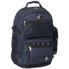 a blue backpack with two zippers on the front and one pocket open to show it's contents