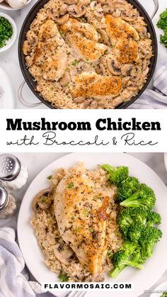 two photos with chicken and broccoli in them, one has mushrooms on it