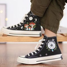 Embroidered Converse Casual Embroidered Closed Toe Sneakers, Embroidered Canvas Low-top Sneakers, Black High-top Sneakers With Floral Embroidery, Casual Custom Embroidery Lace-up Sneakers, Black Sneakers With Floral Embroidery, Casual High-top Sneakers With Embroidered Graphics, Embroidered Low-top Sneakers For Streetwear, Vintage Embroidered Low-top Sneakers, Embroidered Lace-up Sneakers For Streetwear