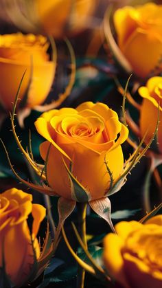 several yellow roses with green leaves in the foreground and one orange rose in the background