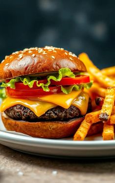 a cheeseburger and fries on a plate