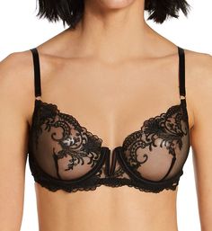 Seductive embroidered bra with gorgeous details and a see-through look. Made of polyester, polyamide, and elastane. See-through mesh underwire cup is unlined (unpadded), with a tall dart and detailed embroidery. Scalloped, non-stretch edge at neckline. Sewn-on elastic underband holds base of front close to you. Center - wide, arched center panel with V-wire at top. Soft fine mesh sides have upper and lower soft elastic. Wide-set, restricted stretch elastic straps have soft undersides and adjust Sheer Underwire Evening Bra, Sheer Underwire Bra For Evening, Sheer Evening Bra With Underwire, Evening Sheer Lace Bra, Sheer Full Cup Party Bra, Sheer Full Cup Bra For Party, Seductive Style, Gamine Style, Mesh Bra