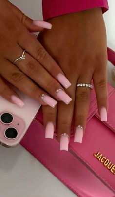 Solid Color With Design Nails, Light Pink Nails With Design Simple, Labour Nails, Basic Medium Acrylic Nails, Plain Nails With Design, Plan Nails Ideas, Long Square Acrylic Nails Designs For Summer, Milky Pink Acrylic Nails, Girly Acrylics