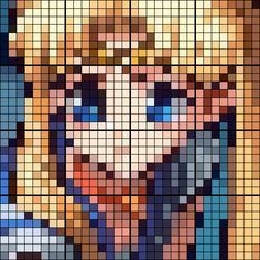 an image of a woman's face made up of squares and pixels, with blue eyes