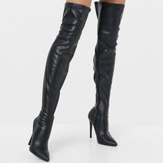 New In Box. Never Worn Black Stiletto Thigh High Boots Size 8. Matte Faux-Leather Upper Lining Sock: 50% Other Materials, 50% Textile, Sole: 100% Other Materials, Upper: 100% Other Materials. 6 Inch High Heels, How To Wear Thigh High Boots, Thigh High Leather Boots, Black Long Boots, Black Boot Heels, Scientist Costume, Thigh High Black Boots, Thigh High Heel Boots, Black Thigh Boots