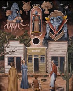 an image of people standing in front of a house with aliens and other things on it