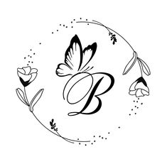 the letter b with butterflies and flowers on it's side, in black and white