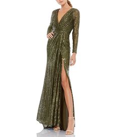 Ieena for Mac Duggal Long Sleeve Deep Surplice V-Neck Sequin Thigh High Slit Gown | Dillard's Ornate Dress, Mac Duggal Prom, Mac Duggal Dress, Prom Long, Sleeve Gown, Mac Duggal Dresses, Mother Of Groom Dresses, Long Sleeve Gown, Mom Wedding