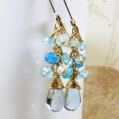 Long Blue Topaz Dangle Earrings, Gold Filled, Teal Multi Stone Cluster Earrings, Mother of Bride Jew Blue Topaz Briolette Gemstone Earrings, Faceted Blue Topaz Drop Earrings, Blue Topaz Briolette Earrings, Blue Topaz Faceted Dangle Earrings, Faceted Blue Topaz Dangle Earrings, Handmade Blue Topaz Dangle Earrings, Dangle Earrings Gold, Bride Jewelry, Birthstone Earrings