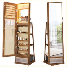 an open wooden medicine cabinet next to a mirror with its doors open and shelves on both sides