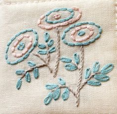 a close up of a piece of cloth with embroidered flowers and leaves on the side