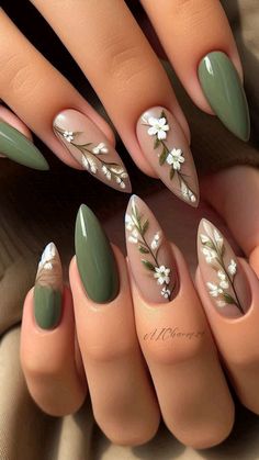 Mint Green Nails, Green Nail Art, Makijaż Smokey Eye, Nail Designs Spring, Nail Art Summer, Floral Nails, Fall Nail Designs