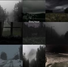 many different pictures with the words grey hour on them and trees in the foggy background