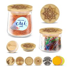 wooden buttons, magnets and jars with designs on them are featured in this image