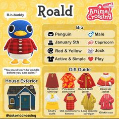 an animal crossing character is shown in the game's info sheet, which includes clothing and other items