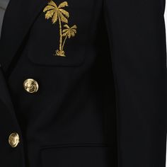 • Classic collar
 • Long sleeves
 • Straight cut
 • Double buttonhole
 • Embroidered logo on the chest
 • Flap pockets
 • Solid color
 • Made of wool
 ��• Embroidered palm trees and gold details
 • Rear lunges Palm Tree Prints, Tree Prints, Blazer Jackets For Women, Jacket For Women, Palm Angels, Black Blazer, Blazers For Women, Gold Details, Straight Cut