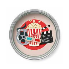 an image of a popcorn bucket and movie reel on a white background with the words pop corn