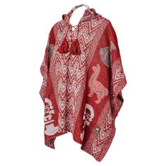 A beautiful and soft alpaca wool-blend poncho with traditional symbols and beautiful tones to keep you warm. Varied styles. Some adorned with fringe and/or tassels. Made in the Sacred Valley of the Incas, Peru. Size: 70" x 52" Traditional Red One-size Poncho, Traditional Red Shawl Poncho, Traditional Red Poncho For Fall, Traditional Red Fall Poncho, Traditional Red Poncho For Festivals, Red Shawl Poncho For Festival, Folk Style Red Poncho For Winter, Red Bohemian Poncho With Fringe, Red Bohemian Poncho For Festival