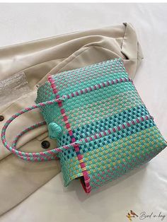 BirdinBag - Colorblock PVC Braided Beach Bag: Stylish and Durable for Ladies Vacation Bags Tote, Beach Bag, Womens Tote Bags, Baby Blue, Color Blocking, 4 Inch, Braids, Bag Lady, Buckle