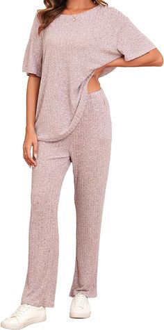 Famulily Women's 2 Piece Casual Tracksuit Outfits Oversized T-Shirts and Trousers with Pockets, Ladies Knitted Wide Leg Loungewear Pyjama Sets (L, Pink) : Amazon.co.uk: Fashion Tracksuit Outfits, Lounge Wear Sets, Pink Amazon, Womens Summer Shorts, Pyjama Sets, Vest Blouse, Leisure Suit, Hoodie Coat, Short Sleeve Tops