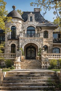 a large stone house with stairs leading up to the front door and windows on each side