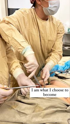 a woman in an operating room with surgical equipment on her hands and the words, i am what i choose to become