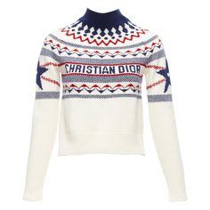 CHRISTIAN DIOR Dioralps cream wool cashmere logo star fairisle sweater FR34 XS Reference: AAWC/A01093 Brand: Dior Designer: Maria Grazia Chiuri Collection: Dioralps Material: Virgin Wool, Cashmere Color: Cream, Blue Pattern: Fair Isle Closure: Pullover Extra Details: Star intarsia at sleeve. Made in: Italy CONDITION: Condition: Excellent, this item was pre-owned and is in excellent condition. This piece appears to be unworn and is in great condition. SIZING Designer size: FR34 Size reference: US0 / UK6 / IT38 / FR34 / XXS-XS MEASUREMENTS: Neck to sleeve: 67cm / 26.1" Chest: 40cm / 15.6" Waist: 42cm / 16.4" Length: 50.5cm / 19.7" This Dior item is authentic. Dior Clothes, Logo Star, School Fair, Dior Designer, Cashmere Color, Maria Grazia Chiuri, Maria Grazia, Fair Isle Sweater, Blue Pattern