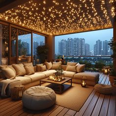 a living room filled with lots of furniture under a ceiling covered in stars and lights