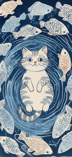 a cat sitting in the middle of a circle of fish on a blue background with water