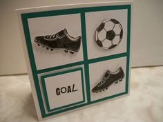 a card with three different pictures of shoes and a soccer ball on the front, in black and white