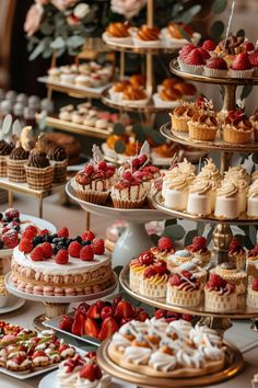 a table topped with lots of cakes and desserts