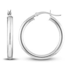 A lustrous high-polish finish adorns these timeless women's hoop earrings. Fashioned in 14K white gold, the 25mm tube earrings secure in place with hinged backs. Timeless Round Huggie Earrings With Polished Finish, Round Sterling Silver Jewelry With Smooth Finish, Sterling Silver Jewelry With Smooth Finish, Timeless Hallmarked Round Hoop Earrings, Classic Small Hoop Earrings With Shiny Finish, Classic Round Hallmarked Huggie Earrings, Classic Round Huggie Earrings With Shiny Finish, Anniversary Hoop Earrings With Shiny Finish, White Gold Round Huggie Earrings With Polished Finish