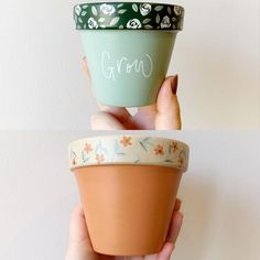 two handmade pots with the words grow written on them, and one being held up by someone's hands