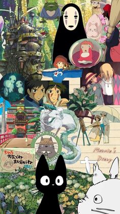 an anime collage with many different pictures and characters on it's side, including cats