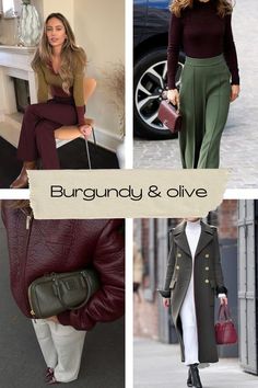 Olive Green Autumn Outfit, Burgundy Accent Outfit, Olive And Burgundy Outfit, Burgundy And Olive Green Outfits, Wine Color Outfits, Green And Maroon Outfit, Green And Burgundy Outfit, Burgundy Outfit Ideas Color Combos, Maroon Outfit Ideas