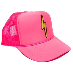 Local Beach Lightning Bolt Patch Trucker Hat Adjustable Pink Trucker Hat With Patches, Pink Flat Bill Trucker Hat For Outdoor, Summer Streetwear Trucker Hat With Logo Patch, Summer Trucker Hat With Logo Patch, Summer Trucker Snapback Hat With Patches, Fun Summer Trucker Hat With Embroidered Patch, Trucker Snapback Hat With Patches For Summer, Pink Patched Trucker Hat, Summer Snapback Cap With Logo Patch