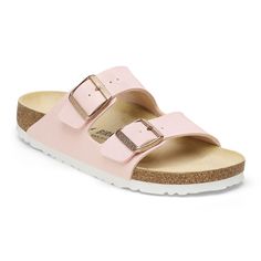 Arizona Birko-Flor Embossed Shiny Light Rose | BIRKENSTOCK Classic Pink Open Toe Sandals, Classic Slides With Buckle Closure For Spring, Classic Spring Footbed Sandals, Classic Pink Sandals For Spring, Classic Double Strap Footbed Sandals For Spring, Classic Double Strap Footbed Sandals, Pink Sandals With Buckle Closure And Single Toe Strap, Classic Double Strap Footbed Sandals With Adjustable Strap, Pink Double Strap Sandals With Adjustable Strap