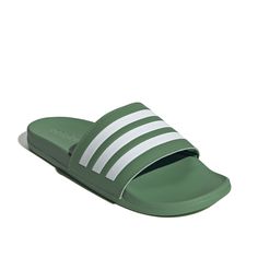 adidas-Adilette Comfort Slide Sandal - Men's Hangout at a beach or poolside comfortably in the Adilette Comfort slide sandal from Adidas. This lightweight sandal comes with a contoured footbed for improved comfort. Adidas Slides With Branded Insole, Adidas Non-slip Summer Slides, Adidas Slides For Swimming In Summer, Adidas Sandals For Spring Swimming, Adidas Synthetic Slides For Swimming, Green Synthetic Slides For Sports, Adidas Slides For Summer Swimming, Adidas Non-slip Beach Slides, Green Sporty Synthetic Slides