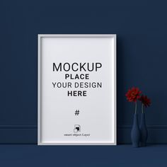 there is a vase with a red flower in it next to a sign that says mock up place your design here