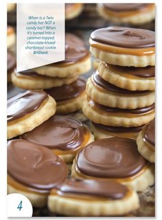 chocolate covered cookies are stacked on top of each other with the words, when it's time to try candy and not gluff