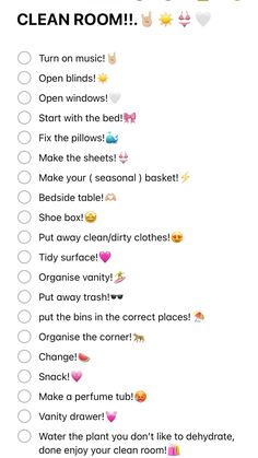 Mine!! #checklist#summer#preppy#tips#schedule How To Clean Your Room Preppy, Room Tidy Checklist, How To Clean A Bedroom, Clean Room Steps, Preppy Schedule, Things To Do In The Shower Tips, Girly Things To Do When Bored, Tidy Room Checklist, Bedroom Deep Cleaning List